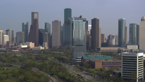 High-angle-drone-shot-of-downtown-Houston,-Texas