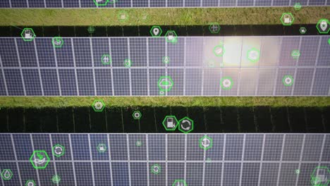 Iconos-De-Conservación-Ambiental-Volando-Sobre-Paneles-Solares-En-Una-Granja-Solar