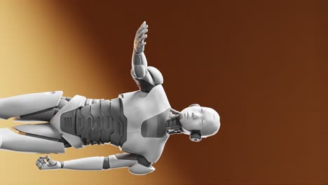 Prototipo-De-Cyborg-Humanoide-Moviendo-El-Brazo-Y-Mostrando-El-Espacio-Vacío-De-La-Mano-De-La-Palma-Para-Agregar-Objetos,-Fondo-Naranja,-Concepto-De-Inteligencia-Artificial-De-Escenario-De-Tarea-Futurista-Representación-3d-Vertical