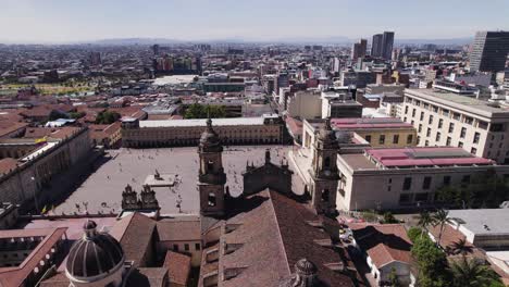 Aerial-Orbit-Plaza-De-Bolivar-And-Cathedral-Primada-In-Bogota,-Colombia,-Skyline