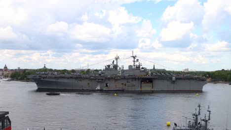 American-battleship-USS-Kearsarge-anchored-in-Sweden,-static-side-view