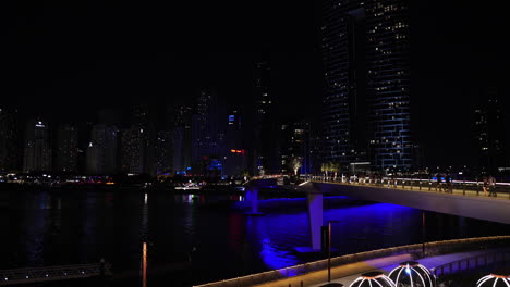 Dubai-UAE-Night-Skyline,-View-From-Bluewater-Island,-Lights-and-Buildings