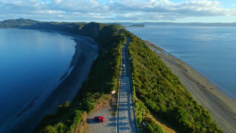 Scenic-Aerial-Drone-Flyover-Oceanview-Road,-Chile-Chiloe-Island,-4K
