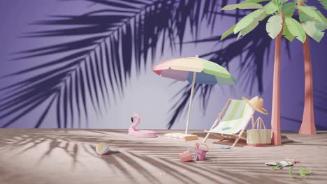 3D-Rendering-Animation-Des-Urlaubs-Im-Tropischen-Sonnenstrand-Konzept-Mit-Sonnenschirm-Zum-Sonnenbaden-Und-Palmen-violettem-Hintergrund,-Reisebüro-Resort