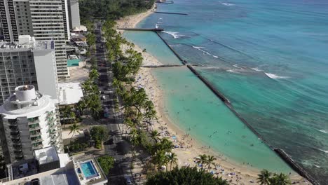 Waikiki-Beach,-Hotels,-And-Resorts,-4K-Aerial-Street-View-