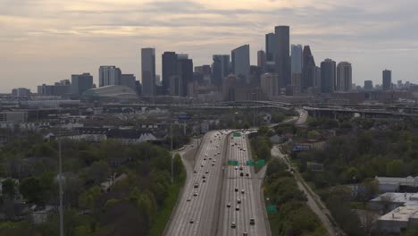 Drone-shot-from-I-10-West-of-the-downtown-Houston,-Texas-area
