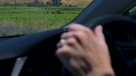 Slow-Motion-footage-of-hand-driving-with-vineyard-in-the-background---Marlborough-Wine-District,-New-Zealand
