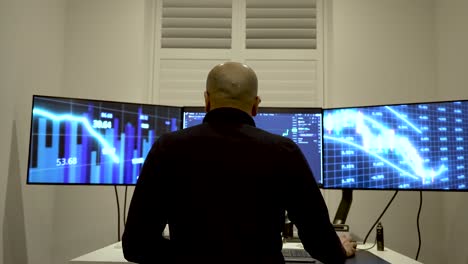 A-person-standing-before-a-trio-of-interconnected-computer-screens,-embodying-the-concept-of-a-home-based-or-day-trading-endeavor