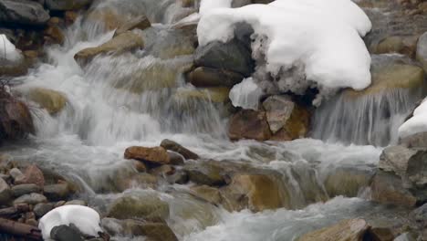 Frozen-Stream-Rushing-Down-The-Rocky-River-In-Boise-National-Forest,-Idaho,-USA