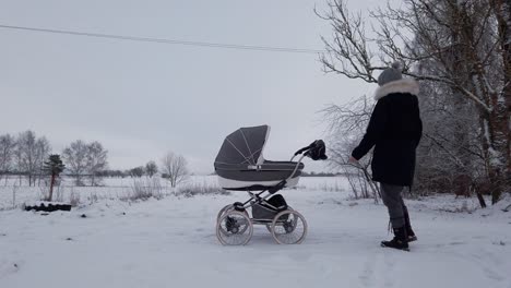 Female-mother-walk-to-baby-carriage,-put-hands-in-winter-gloves-and-check-baby