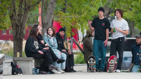 Eine-Gruppe-Cooler-Teenager-Und-Junger-Erwachsener,-Die-In-Einem-Skatepark-Im-Freien-Abhängen-Und-In-Der-Schlange-Stehen,-Um-Mit-Dem-Skateboard-Die-Rampe-Hinunterzufahren