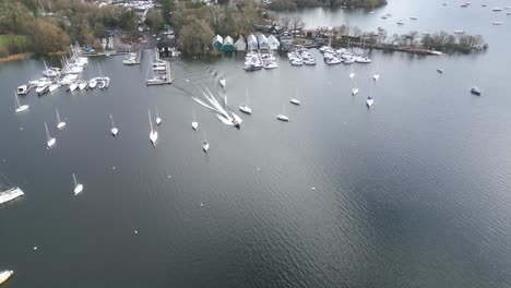 Drone-View-of-Marina,-Belle-Isle,-Bowness-on-Windemere