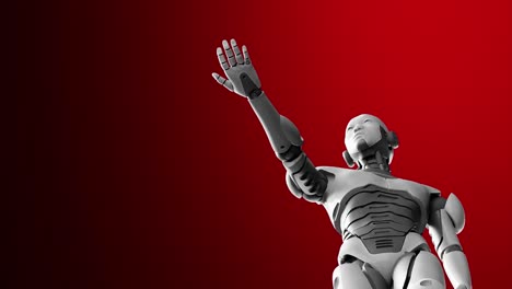 humanoid-cyborg-prototype-moving-arm-and-showing-palm-hand-empty-space-for-adding-object-,-red-background,-artificial-intelligence-futuristic-low-angle-view