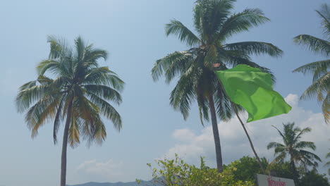 Green-flag-and-palms-at-Koh-Yao-Yai,-Sandbank-Beach,-Thailand