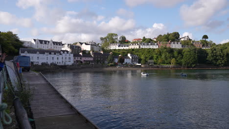 Portree,-Isle-of-Skye,-Scotland-UK,-Waterfront-Buildings-and-Bay-on-Sunny-Day,-Slow-Motion