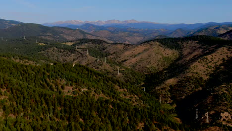 El-Rancho,-Immergrün,-Goldenes-Genesse,-Colorado,-Büffelreservat,-Ausblick,-Malerische-Landschaft,-Indische-Gipfel,-Stromleitungen,-Rocky-Mountain-Nationalpark,-Sommermorgen,-Sonnenschein,-Mount-Evans,-Blauer-Himmel,-Schwenk-Nach-Oben-Rechts