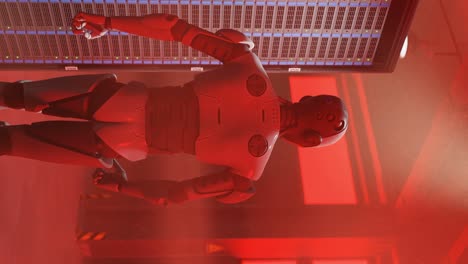 Cyborg-Humanoid-Im-Hightech-Server-Internetraum-Mit-Rotlichtalarm,-Künstliche-Intelligenz-übernimmt-In-3D-Rendering-Animation-Den-Cybersicherheitskrieg