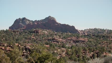 Sunny-day-at-Garden-of-the-Gods-with-clear-blue-sky,-red-rock-formations,-and-green-foliage