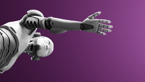 Prototipo-De-Cyborg-Humanoide-Moviendo-El-Brazo-Y-Mostrando-El-Espacio-Vacío-De-La-Mano-De-La-Palma-Para-Agregar-Objetos,-Fondo-Púrpura,-Concepto-De-Inteligencia-Artificial-De-Escenario-De-Tarea-Futurista-Representación-3d-En-ángulo-Bajo