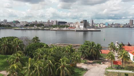 Panorama-of-Havana-capital-city-in-Havana-with-Malecon-promenade-and-Bahia-de-la-Habana-bay,-panning-shot