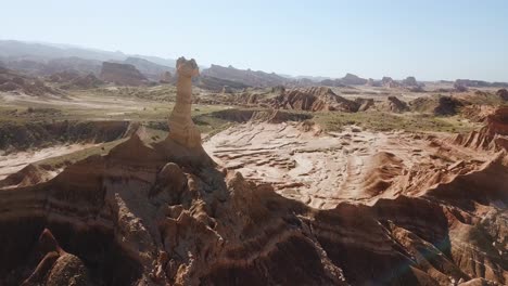 aerial-drone-shot-camel-shape-wind-erosion-rock-cliff-formation-hoodoo-erosion-in-desert-mountain-climate-in-Iran-day-time-summer-season-hot-climate-environment-wonderful-background-tourist-attraction
