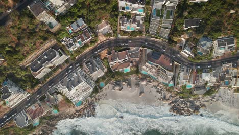 Bird's-Eye-View-Of-Clifton-First-Beach-With-Breaking-Sea-Waves-In-Cape-Town,-South-Africa