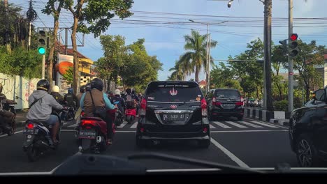 Traffic-Jam-in-Canggu-Denpasar-Area-of-Bali-Island,-Indonesia,-Driver's-POV