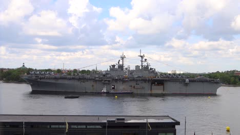 Full-side-view-of-navy-ship-USS-Kearsarge-anchored-on-visit-in-Sweden