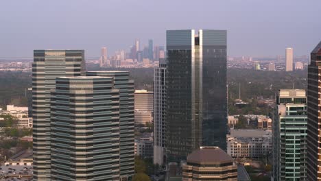 High-angle-drone-shot-of-buildings-and-surrounding-area-in-Uptown-Southwest-Houston