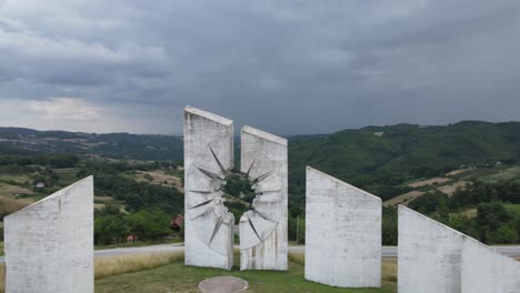Aerial-View-of-Kadinjaca-WWII-Memorial-Near-Uzice,-Serbia,-Dedicated-to-Partisan-Battle-Against-Nazi-Germany,-Drone-Shot
