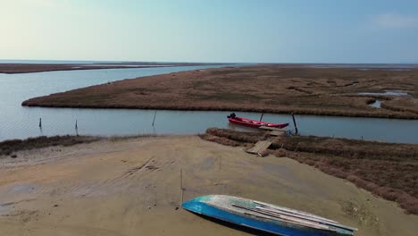 Aerial-Shot-of-Fishing-Boats-at-Delta-Evros-River,-Greece,-4K-Footage