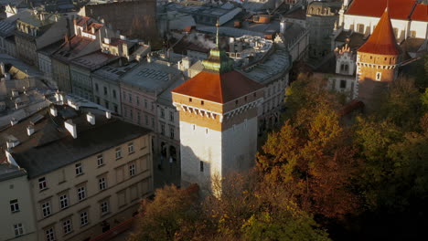 Aerial-view-of-Old-Town-and-Florian-Gate-in-Krakow-in-autumn-scenery