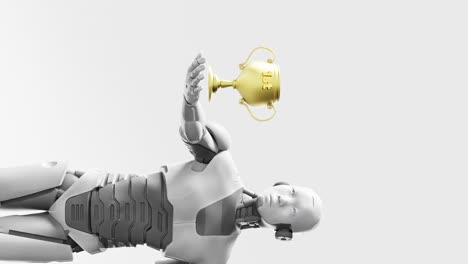 Prototyp-Eines-Humanoiden-Cyber-Roboters,-Der-Eine-Goldmedaille-Hält,-Künstliche-Intelligenz-Im-Kunstbereich-Des-Sportwettbewerbs,-3D-Rendering-Animation-Vertikal