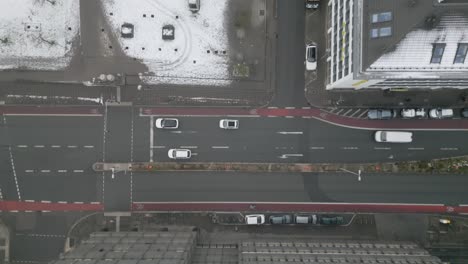 Birds-eye-view-of-the-city-of-a-street-in-Nürnberg,-Germany-during-winter