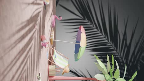 3D-Rendering-Animation-Des-Urlaubs-Im-Tropischen-Sonnenstrand-Konzept-Mit-Sonnenschirm-Zum-Sonnenbaden-Und-Vertikalem-Schwarzem-Hintergrund-Mit-Palmen