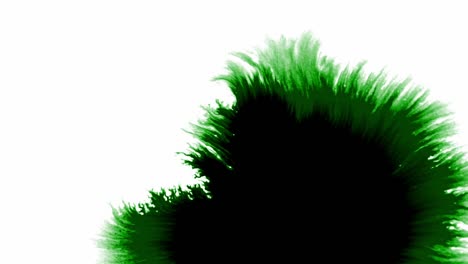 Splashes-and-spots-of-green-ink-spreading-on-white-background