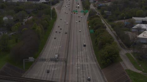 Birds-eye-view-drone-shot-from-I-10-West-Houston-that-reveals-the-downtown-area