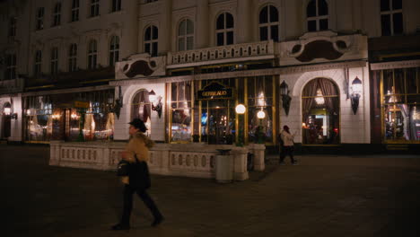 Hermoso-Paisaje-Urbano-Nocturno-De-Invierno-En-La-Plaza-Vörösmarty-En-El-Centro-De-Budapest