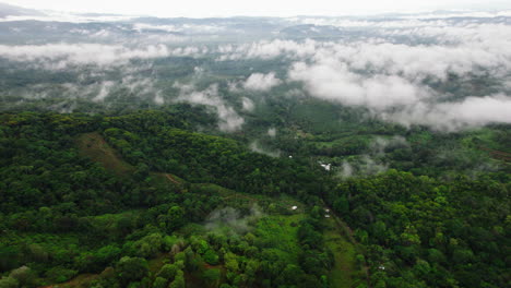 Aerial-panoramic-footage-of-tropical-forest-and-rising-vapor-and-low-clouds-above