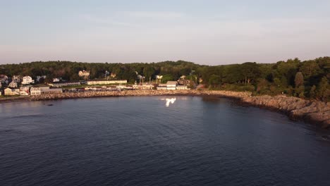 Aerial-of-Ogunquit-coastline-in-Maine-USA-during-golden-hours