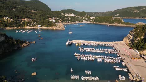 Panoramic-aerial-establishes-busy-crowded-harbor-of-Corfu-Greece-with-beaches