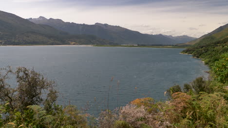 Vista-De-4k-Sobre-Un-Lago-Azul,-Con-Una-Brisa-Susurrando-Plantas-En-Primer-Plano---Wanaka,-Nueva-Zelanda