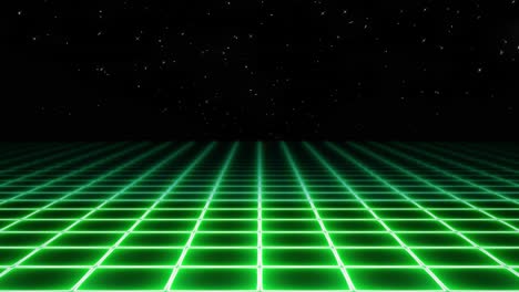 Ein-Grünes-Elektrisches-Neongitter-Im-Vaporwave-Stil-Der-1980er-Jahre,-Das-Sich-Auf-Den-Betrachter-Zubewegt,-Mit-Sternen,-Die-Erscheinen-Und-Verschwinden