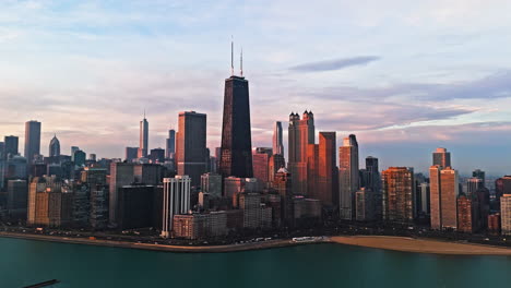 Aerial-view-around-the-lakefront-of-Streeterville,-spring-sunrise-in-Chicago,-USA