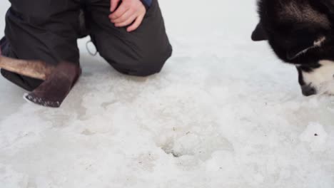 Un-Hombre,-Acompañado-Por-Su-Perro,-Está-Haciendo-Un-Agujero-En-El-Lago-Congelado-Para-Pescar-En-El-Hielo-En-Bessaker,-Condado-De-Trondelag,-Noruega---Primer-Plano