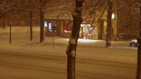 Static-view-of-pedestrians-and-street-traffic-on-snowy-Stockholm-night