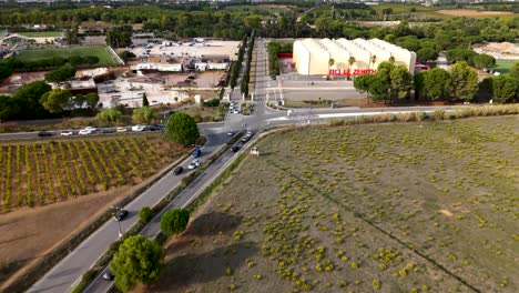 Aerial-establishing-shot-of-a-skatepark-in-the-outskirts-of-Montpellier
