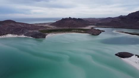 Las-Claras-Aguas-Color-Turquesa-De-Playa-Balandra-Y-Las-Montañas-Circundantes-En-Baja-California,-Vista-Aérea