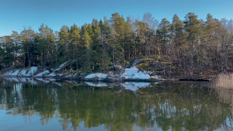 Baltic-sea-water-reflects-pine-trees,-shimmering-blue-sky-and-snow-in-winter-or-early-spring-shoulder-season