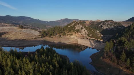 Drone-view-of-artificial-irrigation-dam,-water-in-environment